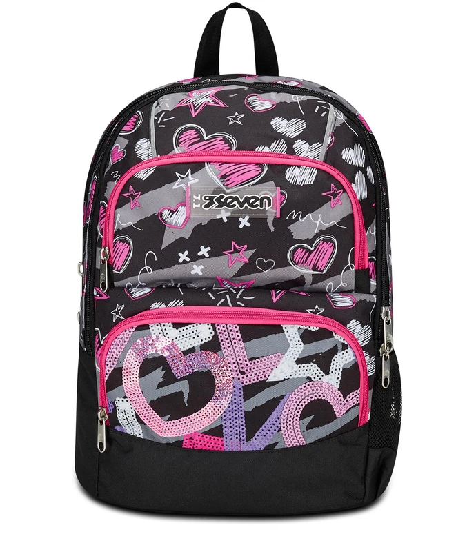 Seven Adavanced Pockets School Backpack, Fuchsia Black, Draft Heart, Double Backpack with Multi Pockets, with PC Pocket, Bottle Pocket and Organizer, Medium and Upper Backpack, Girls, Black, Taglia