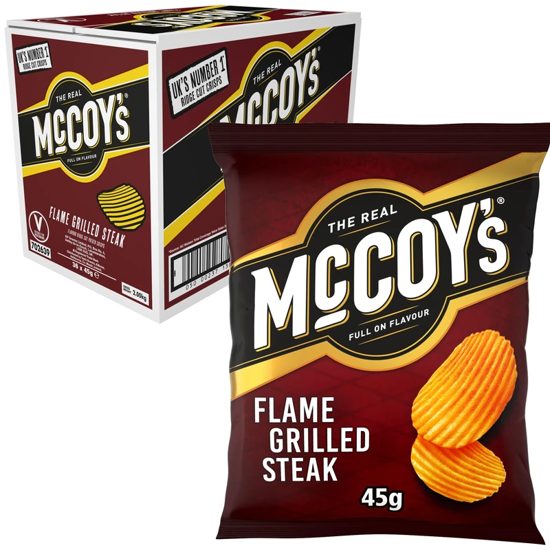 McCoys FLAME GRILLED STEAK Grab Bag Crisps 45g (Multipack BOX of 36) - Fully loaded with flavour, iconic ridged crisp, unmistakable crunch
