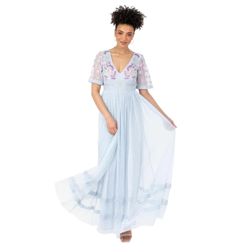Maya Deluxe Women's Ladies Maxi Dress Short Puff Sleeve V-Neck Floral Embroidered Tulle Lace Keyhole Back Ruffle Empire A-line Prom Baby Blue 8