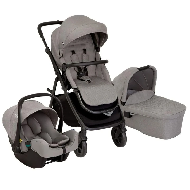 Graco Near2Me DLX Stylish Trio Including raincover, carrycot and car seat - Suitable from Birth to Approx. 4 Years (22kg). 3 x Slide2Me Height adjustments, Ash Fashion