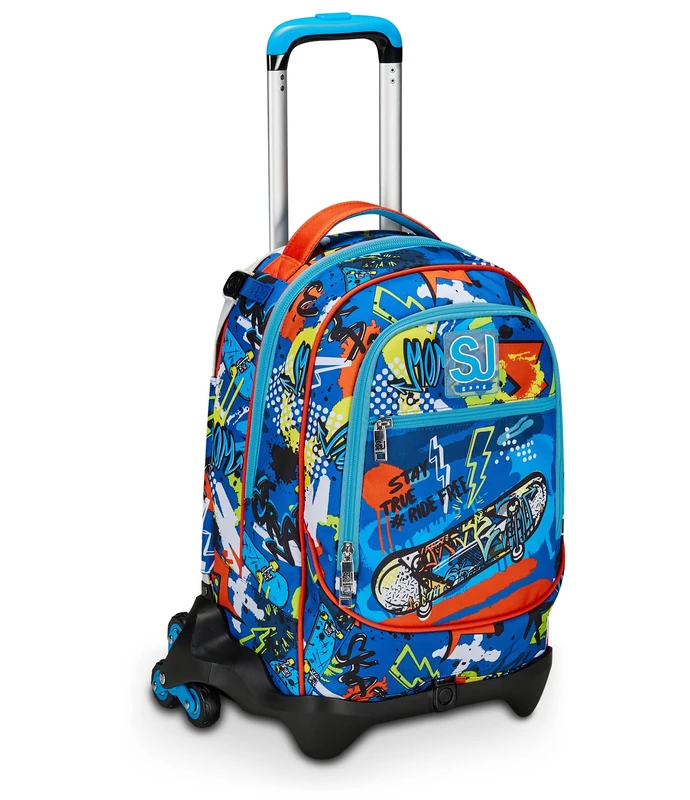 SJ Gang School Trolley Jack 3 Wheels, Blue, TrickyLed, 3 in 1, Triple Use, Backpack with Detachable Trolley, Bottle Pocket and Crossover System, Elementary School Backpack, Child Backpack, blue,