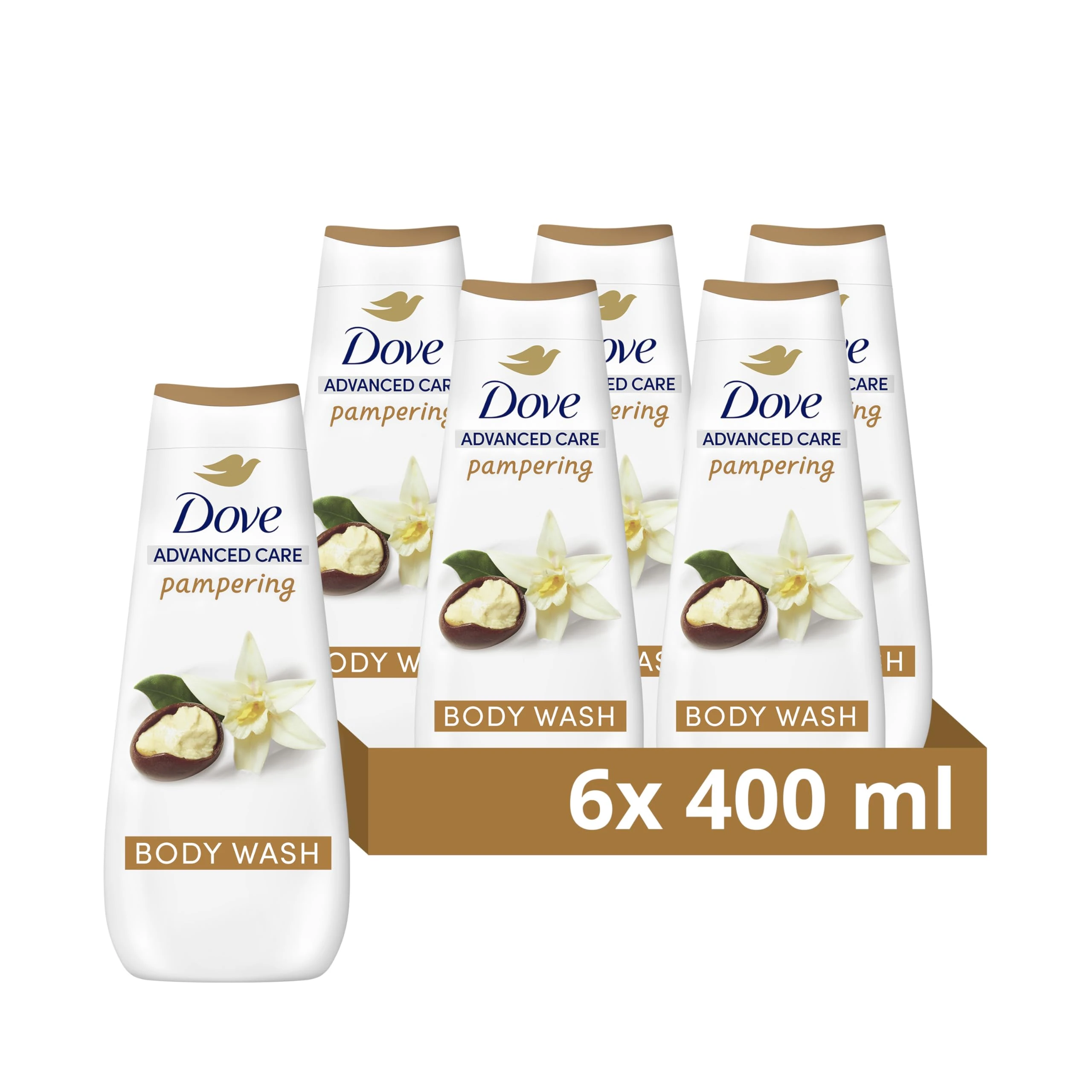 Dove Advanced Care Pampering Shea Butter & Vanilla Scent Body Wash Shower Gel for instantly lotion-soft skin 400 ml, Pack of 6