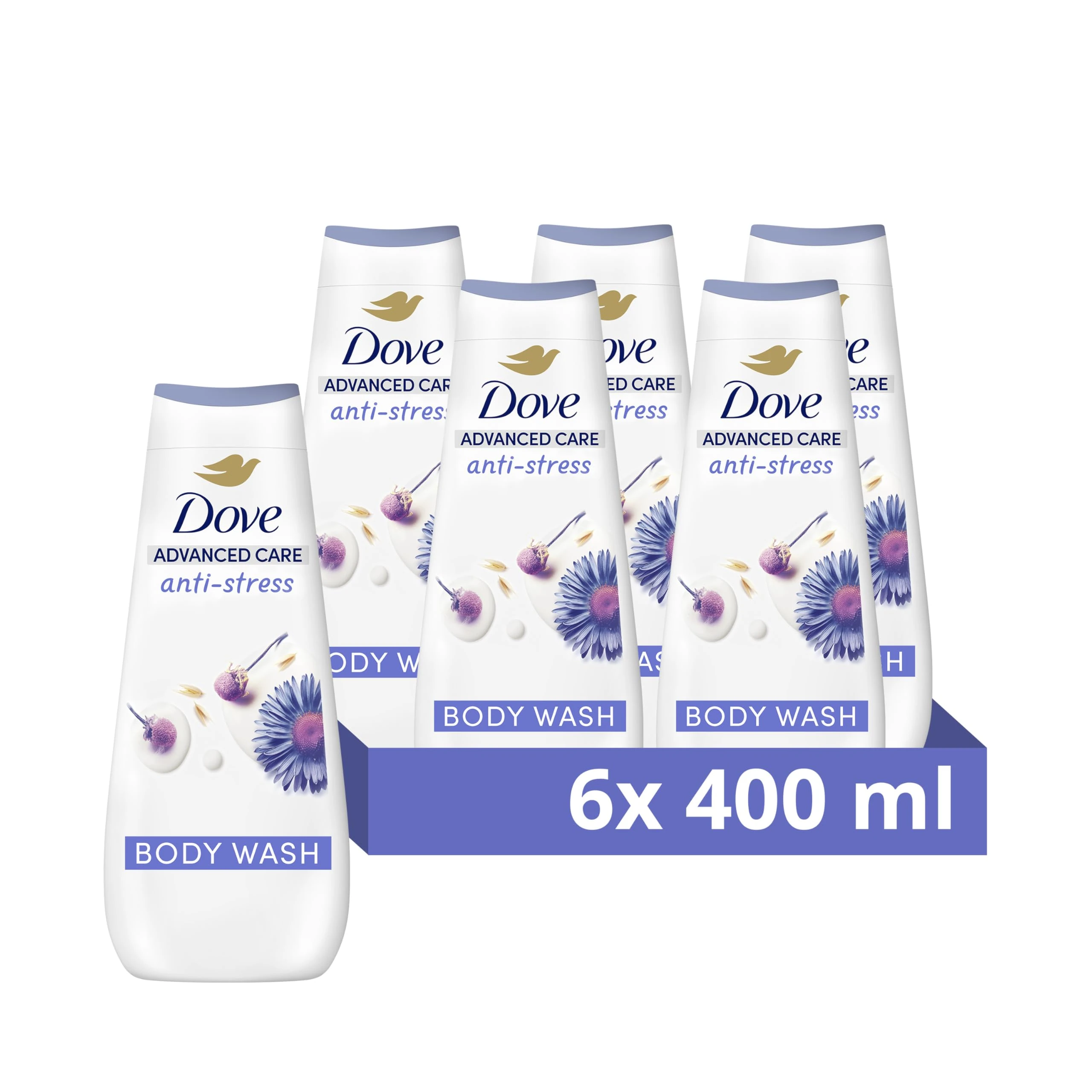 Dove Advanced Care Anti-Stress Chamomile & Oat Milk Body Wash Shower Gel for instantly lotion-soft skin 400 ml, Pack of 6