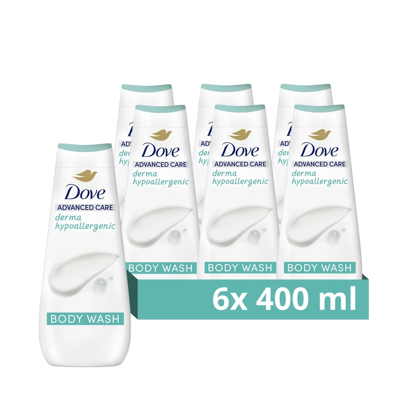 Dove Advanced Care Derma Hypoallergenic Body Wash Body Cleanser fragrance free shower gel for instantly lotion-soft skin 6x 400 ml