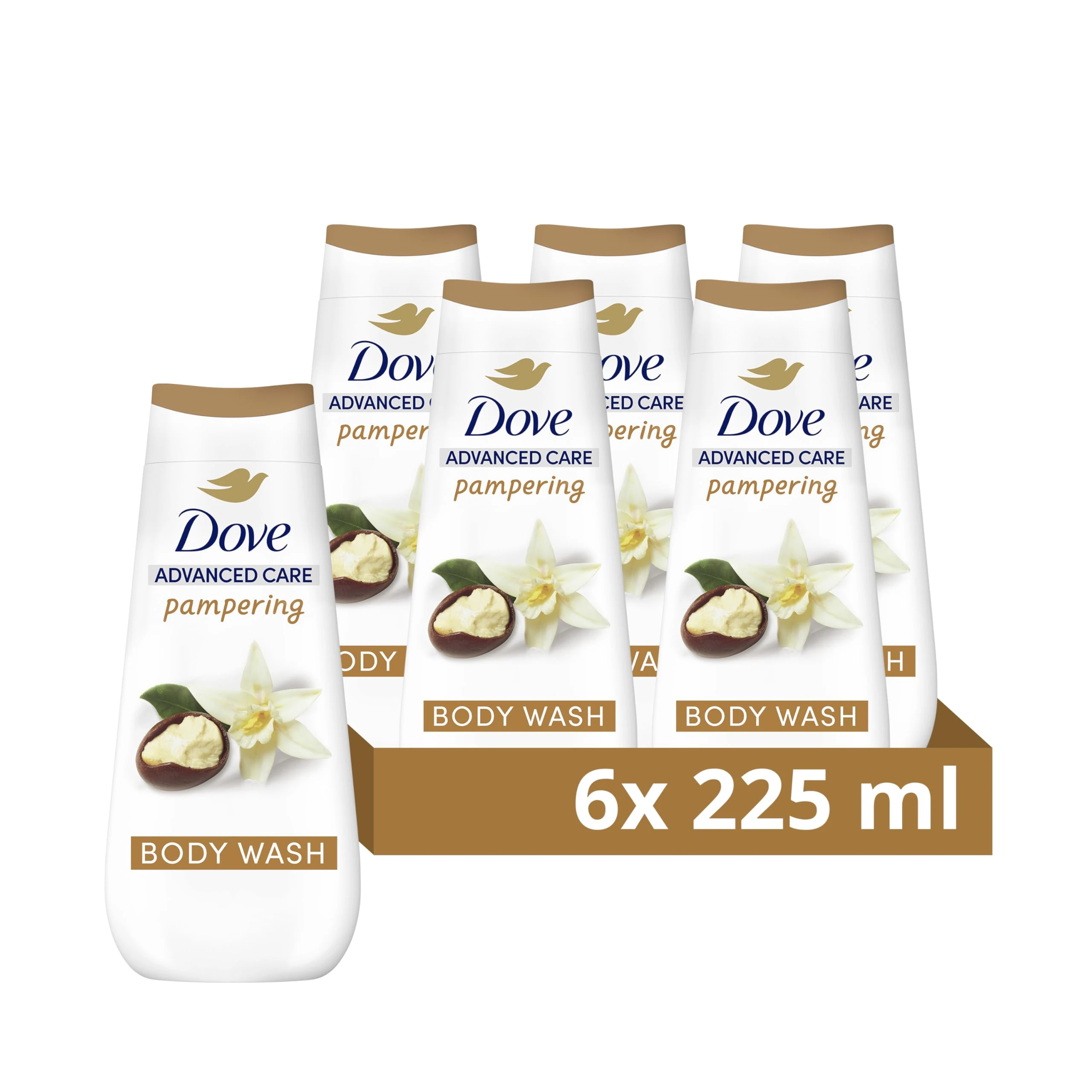 Dove Advanced Care Pampering Body Wash Body Cleanser shower gel with a shea butter & vanilla scent for instantly lotion-soft skin 6x 225 ml