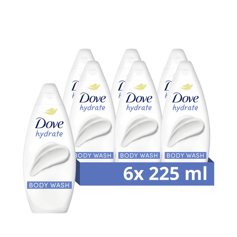 Dove Hydrate Body Wash Body Cleanser shower gel with plant-based moisturisers for softer, smoother skin after one shower 6x 225 ml