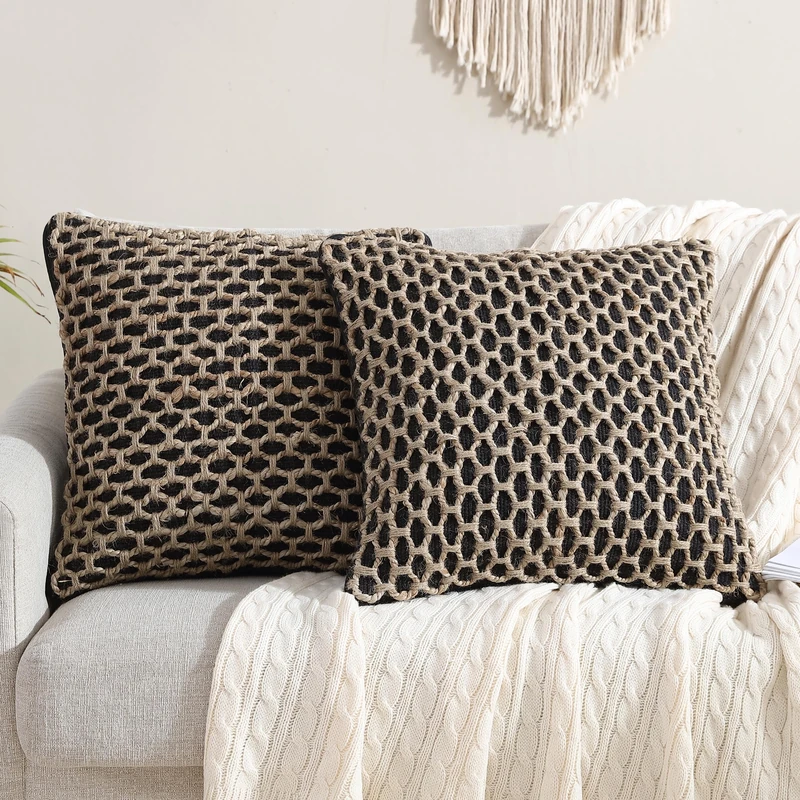 Boho Living Jada Decorative Throw, Premium Woven Design, Living Room Décor, (2) 20" x 20" Pillow Covers with Insert, Black 2 Count