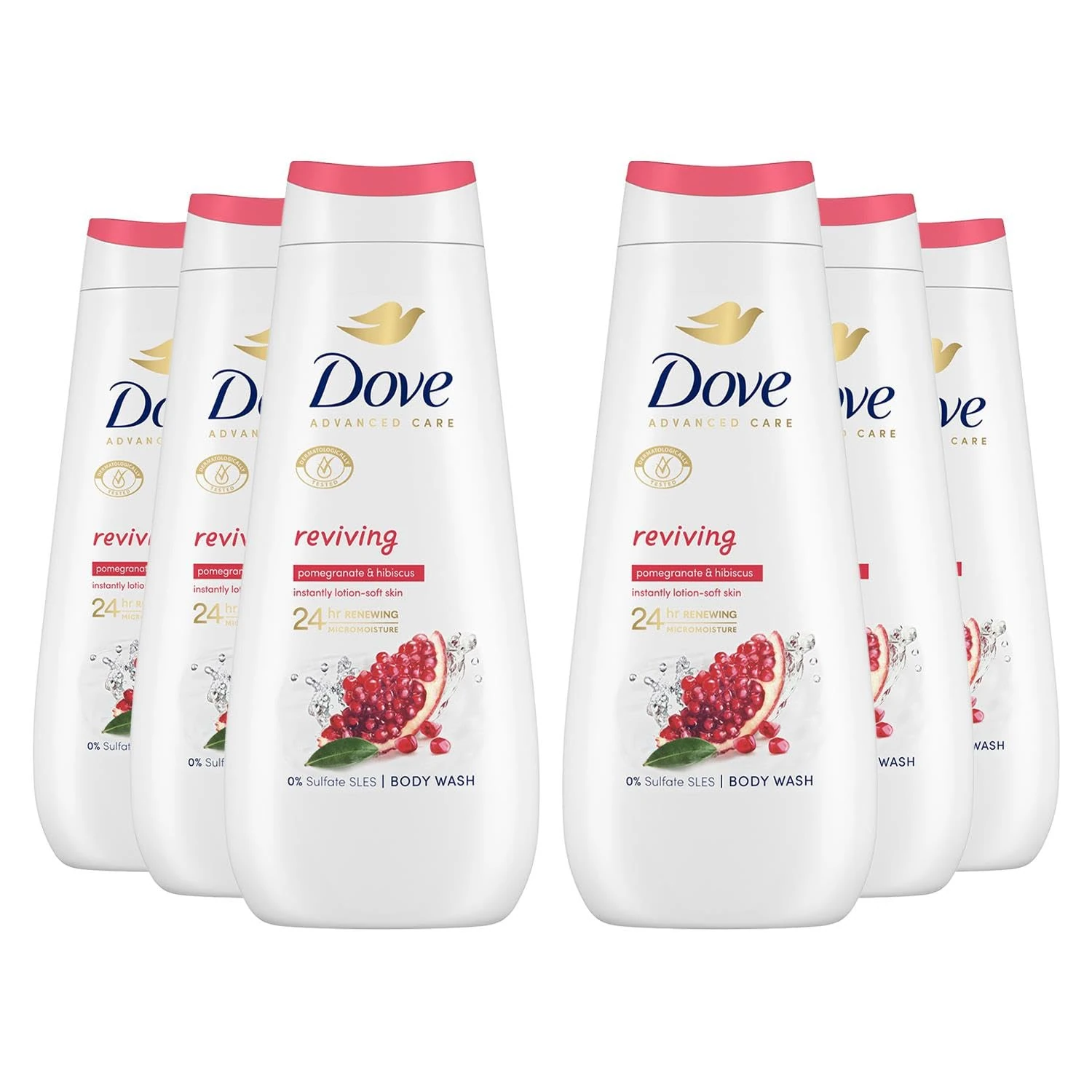 Dove Advanced Care Reviving Body Wash Body Cleanser shower gel with pomegranate & hibiscus extracts for instantly lotion-soft skin 6x 400 ml