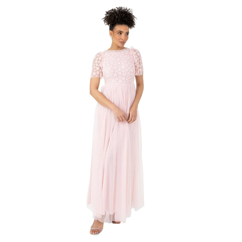 Maya Deluxe Womens Ladies Maxi Round Neck Short Sleeve 3D Floral Embellished Tulle Ruffle A-line Bridesmaid Wedding Guest Dress, Crystal Pink, 16 UK