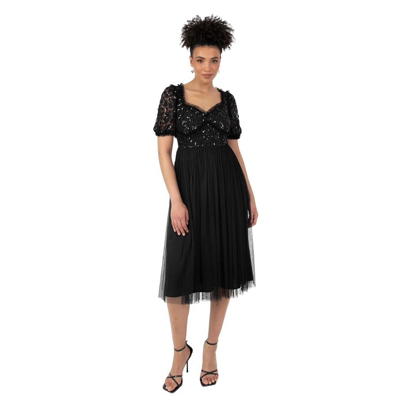 Maya Deluxe Women's Ladies Midi Dress Short Puff Sleeves Sweetheart Neckline 3D Floral Embellished Ruffle Tulle A-line Occasion, Black, 8