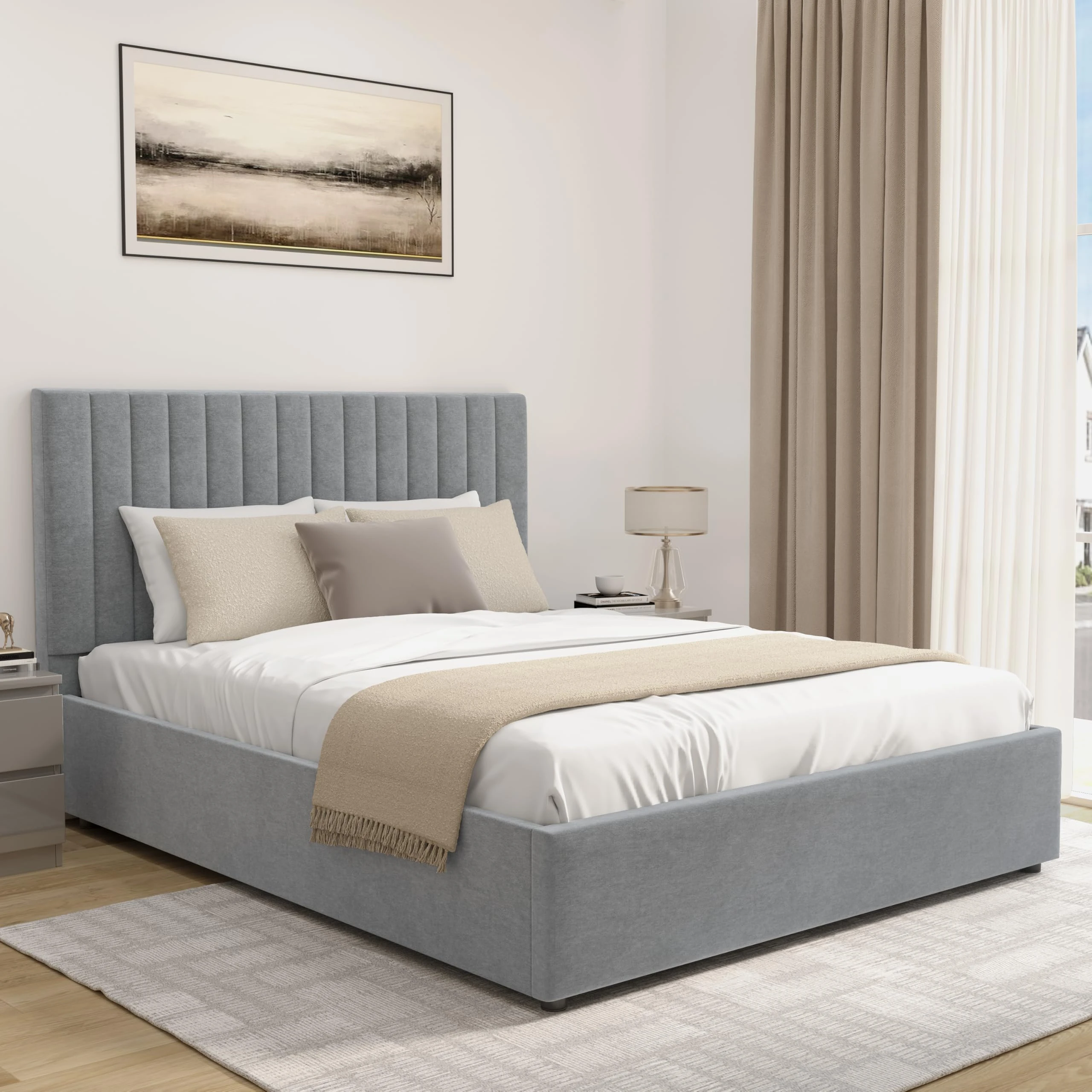 Blisswood Ottoman Bed with Memory Foam Mattress, 4ft6 Double Upholstered Bed Frame, Ottoman Bed With Storage Gas Lift Opening Wooden Slats Bed Frame (4ft6 Double With Mattress Included)