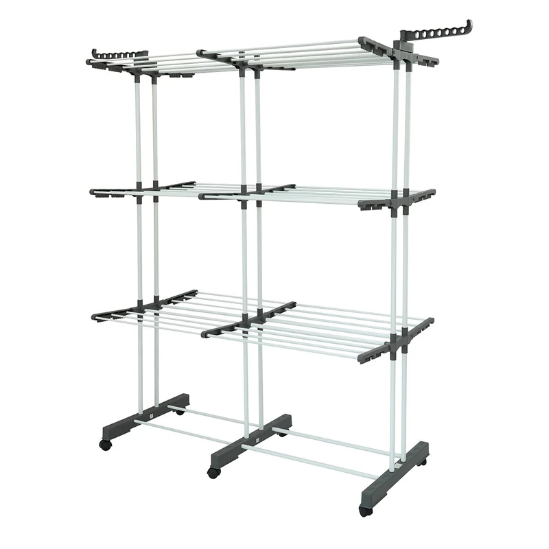 KITCHEN MOVE 38M Extra Plus Extendable Clothes Airer with 3 Levels and Telescopic Bar Black and Stainless Steel, Plastic, Grey, 72-178x64xH170cm
