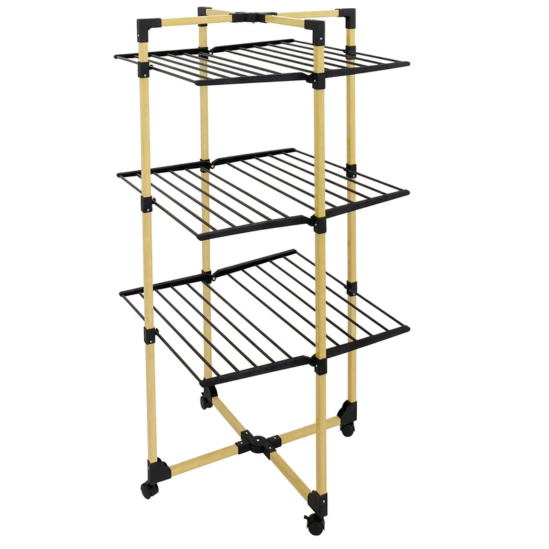 KITCHEN MOVE Willis 30 m Multi-Purpose Folding Tower Clothes Airer 3 Levels, Stainless Steel Aluminium Plastic, Wood and Black, 68x68xH135cm
