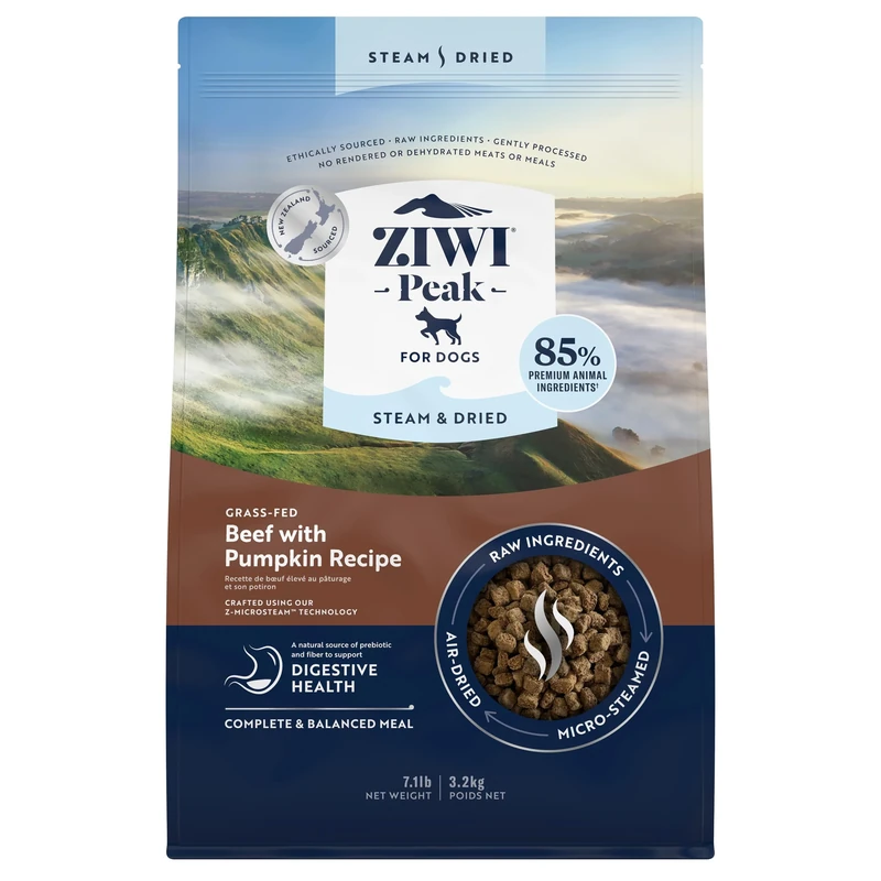 ZIWI Peak Steam & Dried Grass-fed Beef & Pumpkin, 3.2 kg - High Protein, Grain Free Dog Food Dry, Raw Dog Food Alternative