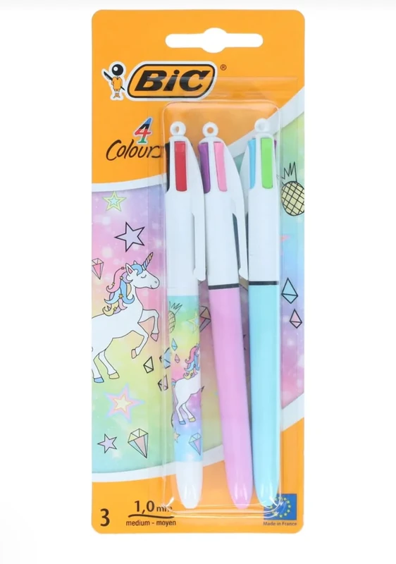 Bic - 4 Colours Unicorn Ballpoint Pens - Assorted Ink (Pack of 3), Pastel