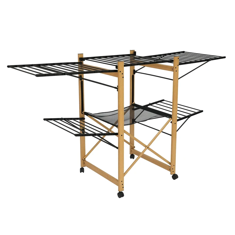 KITCHEN MOVE Large Capacity Multifunctional Clothes Airer with Wheels 28 m USHUAIA Wood and Black Colour with Mesh Drying Rack, Stainless Steel Aluminium Plastic, 176x60xH105cm