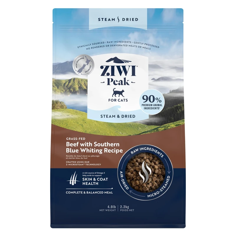 ZIWI Peak Steam & Dried Grass-fed Beef with Southern Blue Whiting, 2.2 kg - Natural, High Protein Cat Food Dry, Raw Alternative & Grain Free Complete Dry Cat Food
