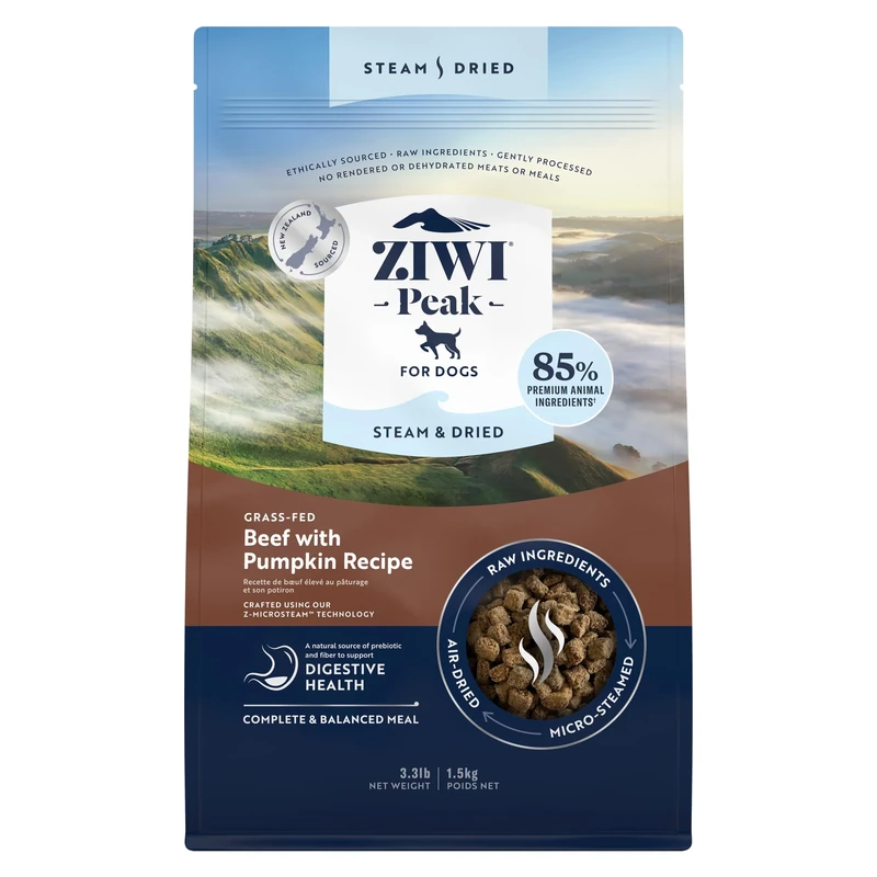 ZIWI Peak Steam & Dried Grass-fed Beef & Pumpkin, 1.5 kg - High Protein, Grain Free Dog Food Dry, Raw Dog Food Alternative