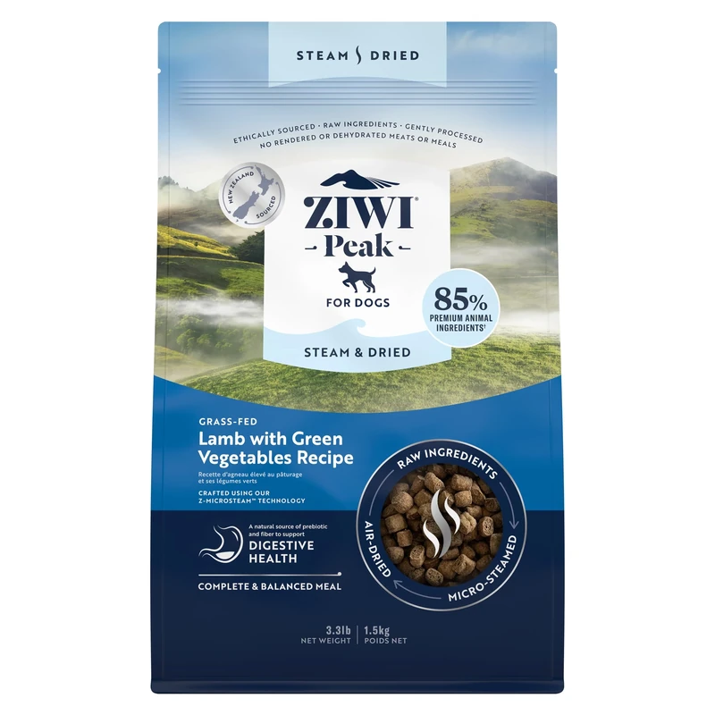 ZIWI Peak Steam & Dried Grass-fed Lamb with Green Vegetables, 1.5 kg - High Protein, Grain Free Dog Food Dry, Raw Dog Food Alternative