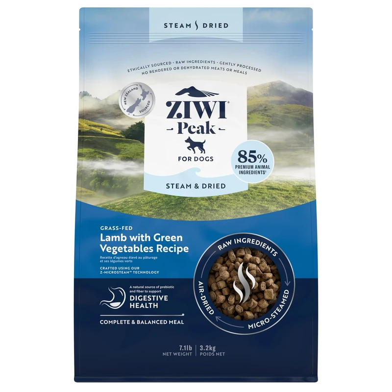 ZIWI Peak Steam & Dried Grass-fed Lamb with Green Vegetables, 3.2 kg - High Protein, Grain Free Dog Food Dry, Raw Dog Food Alternative