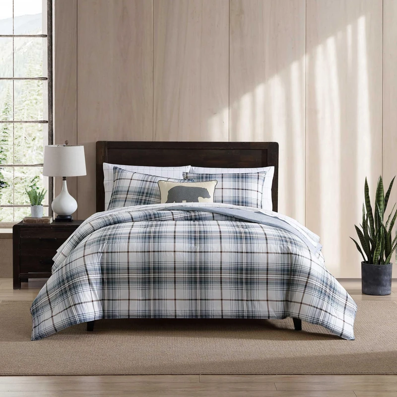 Eddie Bauer - Twin Comforter Set, Reversible Cotton Bedding with Matching Sham, Plaid Home Decor for All Seasons (Alder Blue/Grey, Twin)