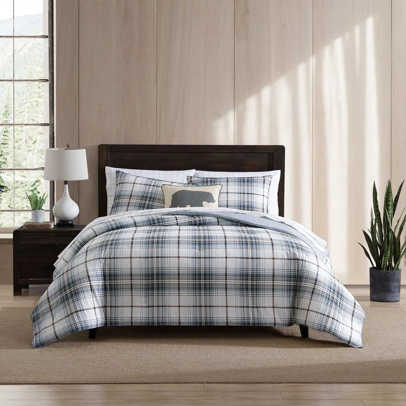 Eddie Bauer - King Comforter Set, Reversible Cotton Bedding with Matching Shams, Plaid Home Decor for All Seasons (Alder Blue/Grey, King)
