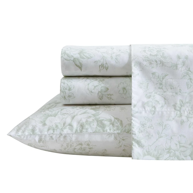 Laura Ashley - Full Sheets, Cotton Percale Bedding Set, Lightweight & Breathable Home Decor (Toile Delight Green, Full)