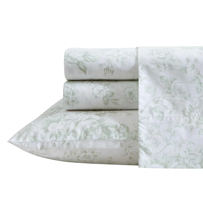 Laura Ashley - Queen Sheets, Cotton Percale Bedding Set, Lightweight & Breathable Home Decor (Toile Delight Green, Queen)