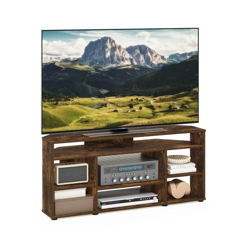 Furinno JENSEN TV Stand, Corner Entertainment Center, TV Console for TV up to 55 Inch, for Living Room, Bedroom, Amber Pine