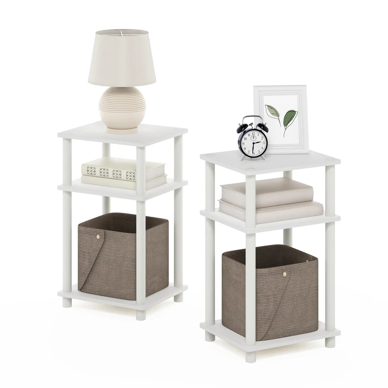 Furinno JUST Night Stand Set of 2, 3-Tier Turn-N-Tube Nightstand, Toolless Bedside Tables, End Table, Side Table with Open Storage for Bedroom, Living Room, White