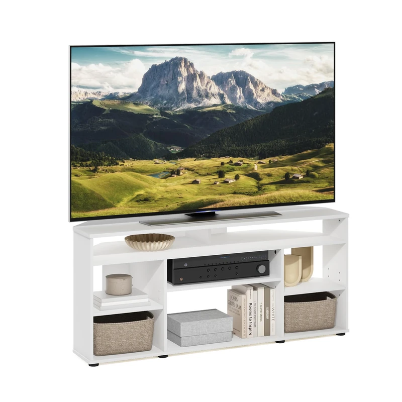 Furinno JENSEN TV Stand, Corner Entertainment Center, TV Console for TV up to 55 Inch, for Living Room, Bedroom, White
