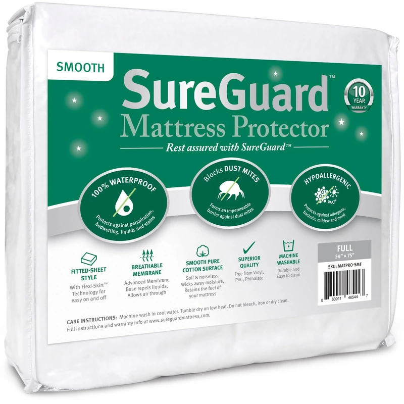 SureGuard Full Size Mattress Protector 100% Waterproof Hypoallergenic Premium Cotton Cover Smooth - Image 1