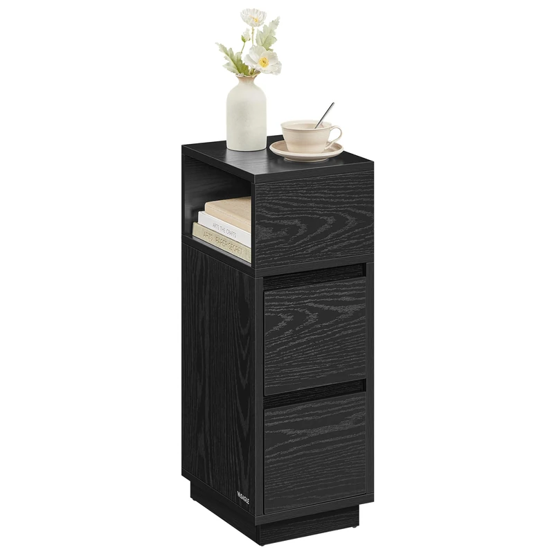 VASAGLE Slim Bedside Table, Small Narrow Side End Table with Drawers, Flexible Compartment, for Bedroom, Living Room, Modern, Ebony Black KAILYN Collection LET656B56