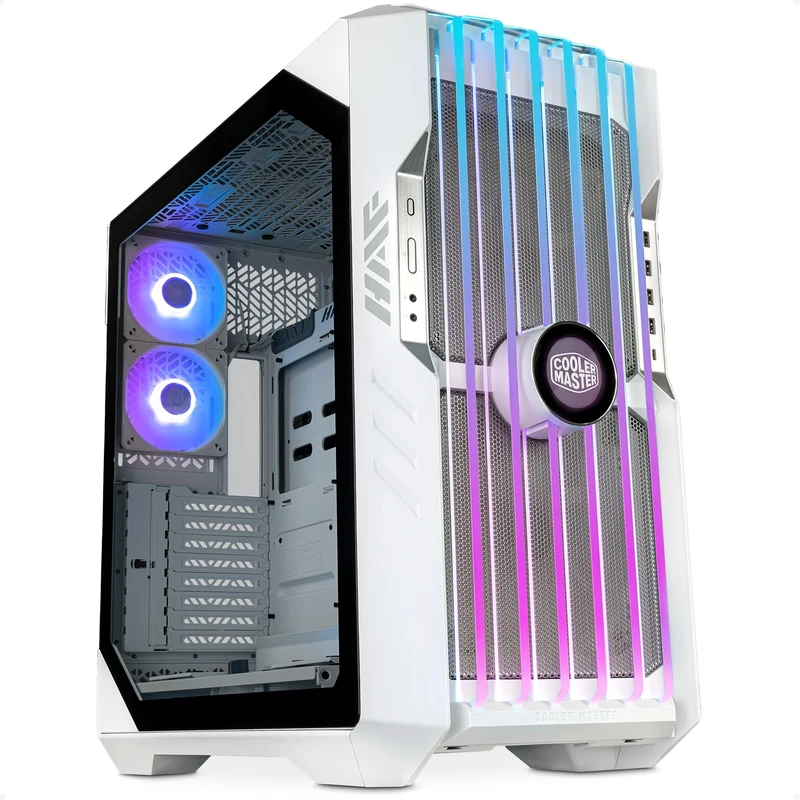 Cooler Master HAF 700 EVO White PC Case - Full-Tower, E-ATX Compatible, 5 x Fans, Rotatable Radiator Brackets, High-Airflow Cooling, LCD Real-Time Display, ARGB Edge-Lit Blades, TG Side Panel