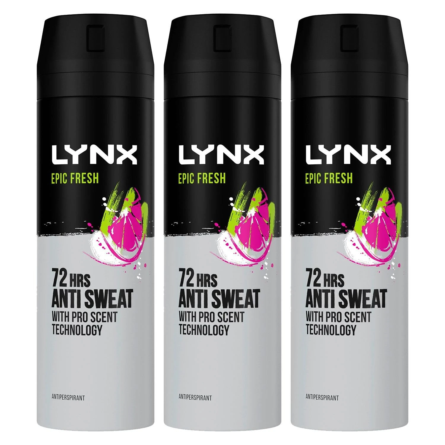Lynx Anti-Perspirant Epic Fresh 72-Hour Sweat & Odour Protection Deodorant Spray for Men with Unique Scent of Grapefruit and Tropical Pineapple, 200ml Pack of 3