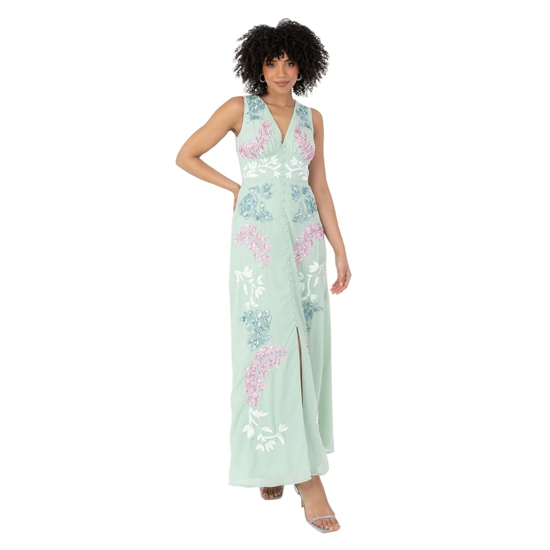 Maya Deluxe Women's Ladies Maxi Dress V-Neckline Sleeveless Floral Sequin Embellished Button Front Slit for Wedding Guest Occasion, Mint Green, 16