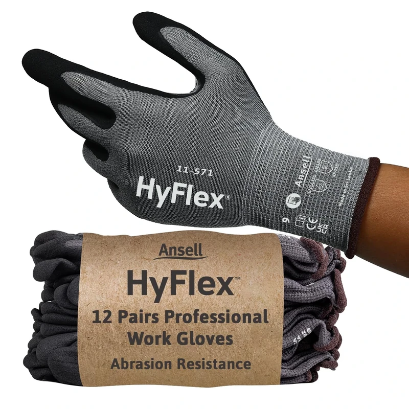 Ansell HyFlex 11-571 Cut Resistant Work Gloves, Abrasion Resistant Nitrile Coating, Industrial Safety Gloves, Lightweight, Breathable and Washable, PPE Men Women, Blue, Size M (12 Pairs)