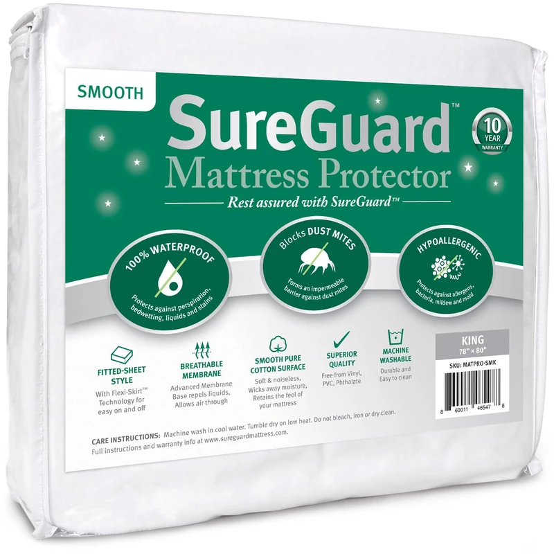 SureGuard King Size Mattress Protector 100% Waterproof Hypoallergenic Premium Cotton Cover Smooth