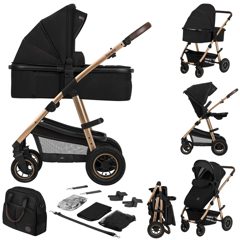 Lionelo Amber 2-in-1 Stroller & Carrycot Travel System – Reversible Pushchair with Adjustable Backrest, XXL UPF 50+ Canopy, Air-Filled All-Terrain Wheels, Large Basket & Full Accessories Bundle