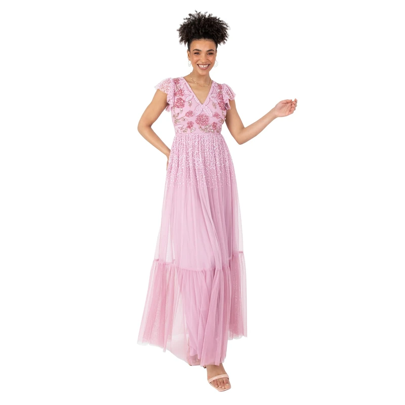 Maya Deluxe Women's Floral Sequin Tulle Maxi Dress - Pink