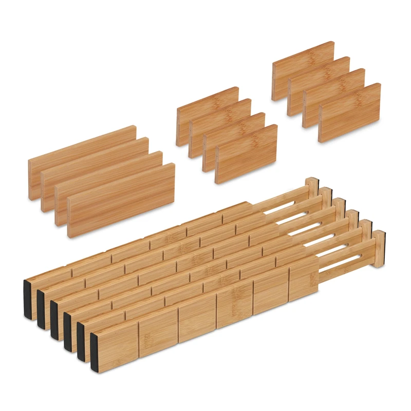Relaxdays Drawer Divider, 18 Pieces, Adjustable Length from 34 to 43.5 cm, Kitchen Storage, Organiser, Bamboo, Natural, 6 x 57 x 1.5 cm