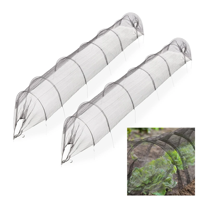 Relaxdays Plant Tunnel, Set of 2, Each 3 m Long, Bed Cover Against Pests, Fine-Meshed Bird Protection Net, Black, 50 x 70 x 300 cm