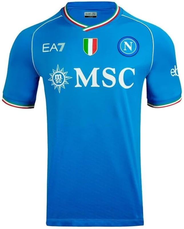 SSC NAPOLI EA7 Home Shirt, Official Product, Customised Kvaratskhelia 77, Tricolour Shield, Slim Fit Blue