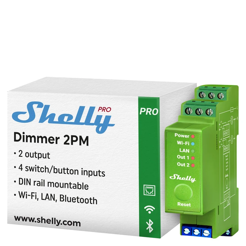 Shelly Pro Dimmer 2PM | Wi-Fi & LAN 2-Channel Smart Dimmer with Power Metering | 200W per Channel | Home Automation | DIN Rail | Alexa & Google Home | iOS Android App | Dimmable Lights