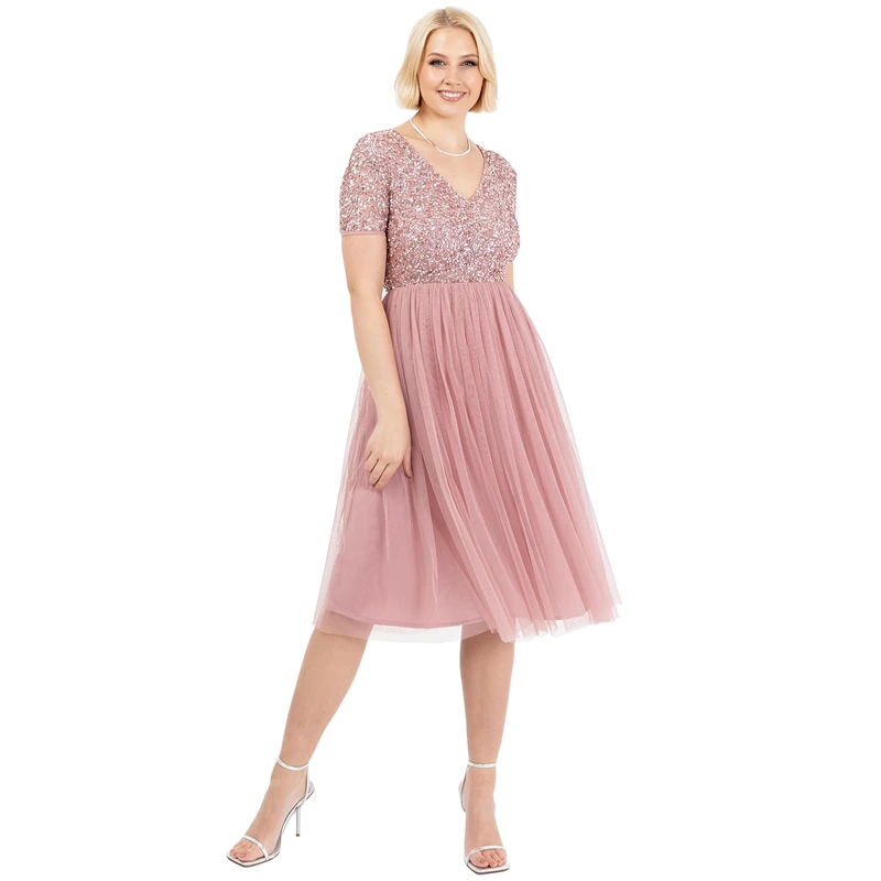 Maya Deluxe Women's Embellished Midi Evening Dress Ladies V Neckline with Short Sleeve for Prom Wedding Bridesmaid, Vintage Rose, 14