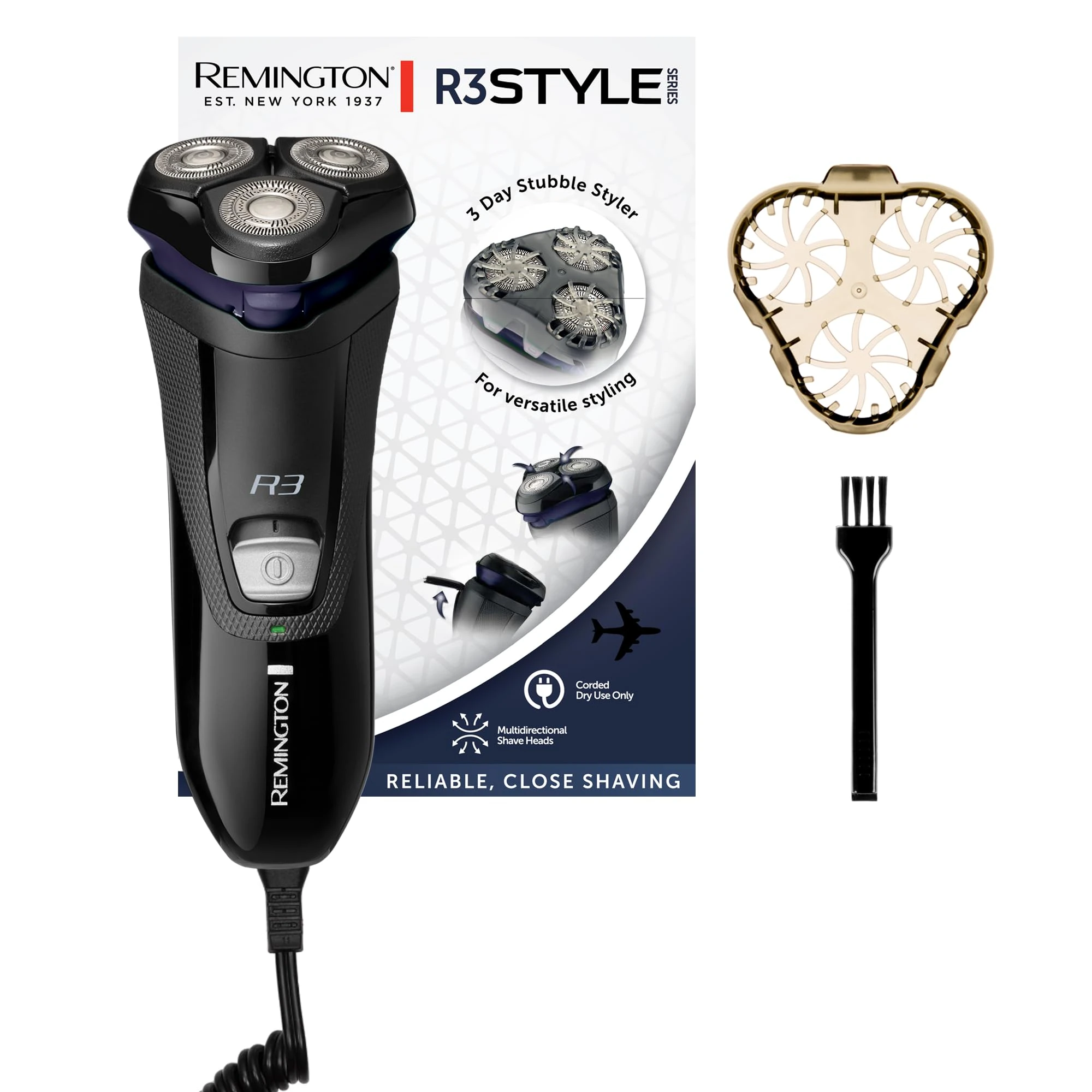 Remington Electric Rotary Shaver for Men [Dry Shaving] R3 (Corded, Pop-up Detail Trimmer + Long Hair Trimmer + 3-Day Beard Styler Attachment) Shaver R3002