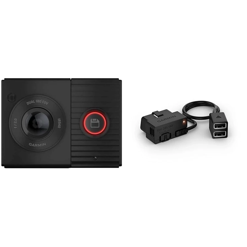 Garmin Dash Cam Tandem, Compact Dual-lens Dash Camera, Two 180-degree Lenses, Dual USB charger included & Garmin Constant Power Cable,Black