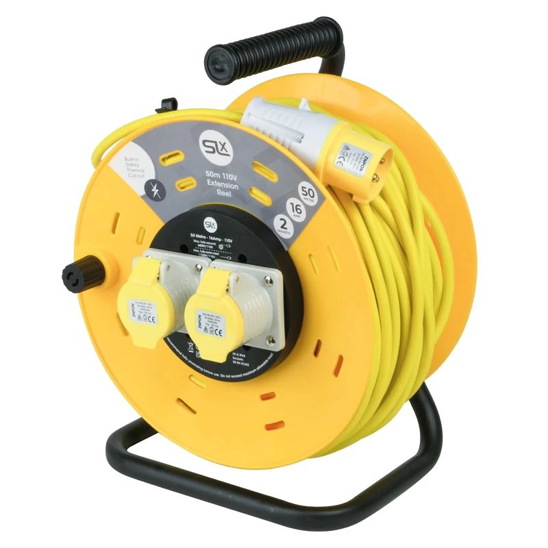 SLx 110V Extension Lead Industrial 50m Open Drum Cable Reels, 2 Socket with Thermal Cut Out, Heavy Duty Indoor and Outdoor Extension Cable, 16A Fused UK Plug