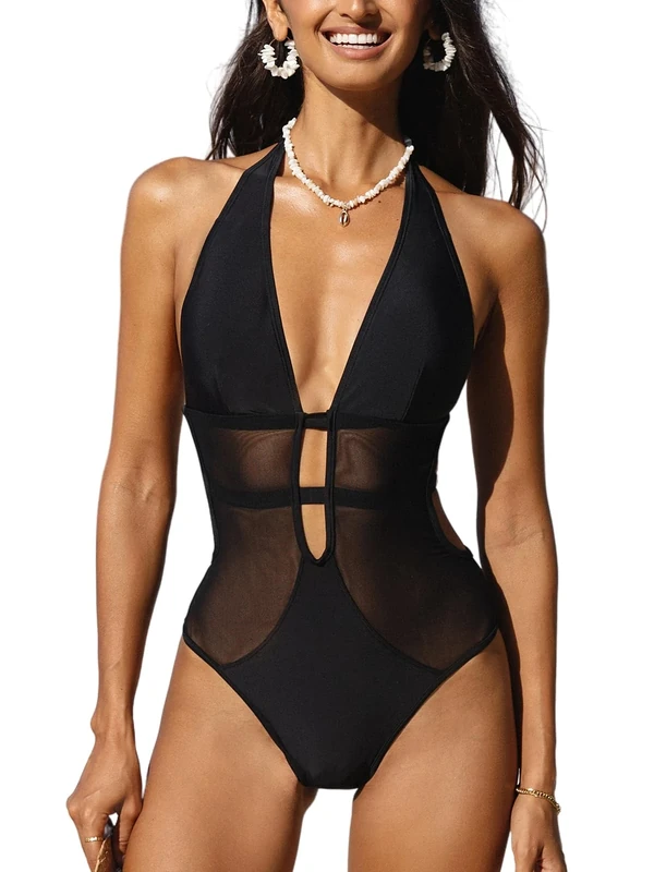 CUPSHE Women's Mesh One-Piece Swimsuit - Deep V Neck, Black XL