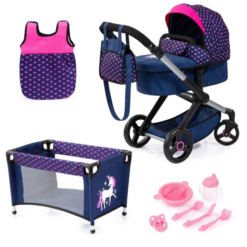 Bayer Design 17054AB Dolls pram XEO, doll stroller, carriage pram with bed, bag, sleeping bag, accessories, Blue, Unicorn